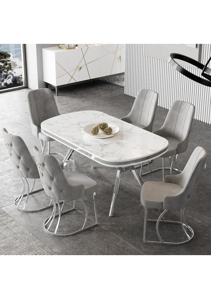 Epal Serisi 90 x 168 cm Lak Panel Beyaz Mermer Desen Masa Takımı Krom Ayaklı 6 Sandalye