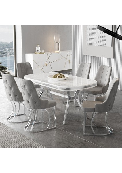 Epal Serisi 90 x 168 cm Lak Panel Beyaz Mermer Desen Masa Takımı Krom Ayaklı 6 Sandalye fiyatları