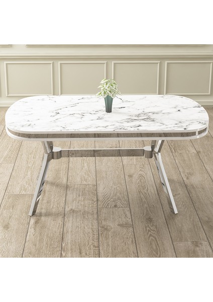 Epal Serisi 90 x 168 cm Lak Panel Beyaz Mermer Desen Masa Takımı Krom Ayaklı 6 Sandalye modelleri