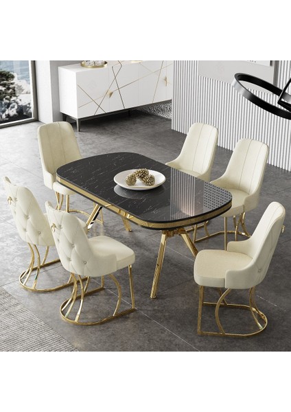 Epal Serisi 90 x 168 cm Lak Panel Siyah Mermer Desen Masa Takımı Gold Ayaklı 6 Sandalye fiyatları