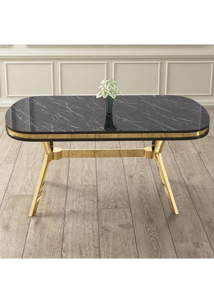Epal Serisi 90 x 168 cm Lak Panel Siyah Mermer Desen Masa Takımı Gold Ayaklı 6 Sandalye modelleri