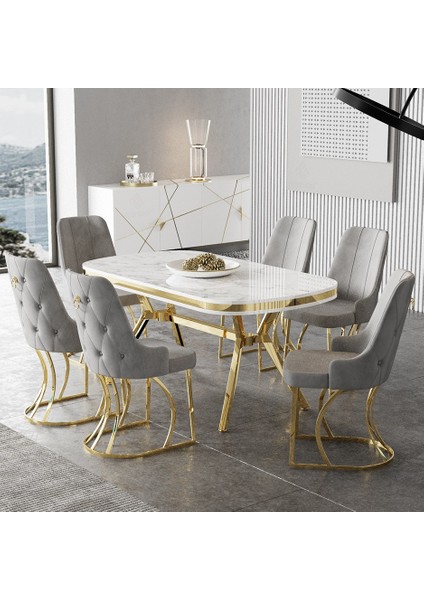 Epal Serisi 90 x 168 cm Lak Panel Beyaz Mermer Desen Masa Takımı Gold Ayaklı 6 Sandalye