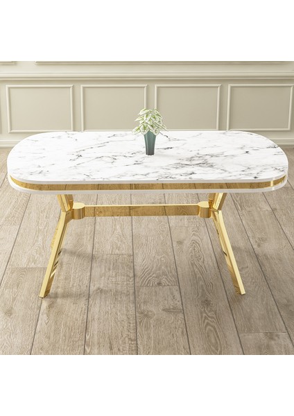 Epal Serisi 90 x 168 cm Lak Panel Beyaz Mermer Desen Masa Takımı Gold Ayaklı 6 Sandalye modelleri