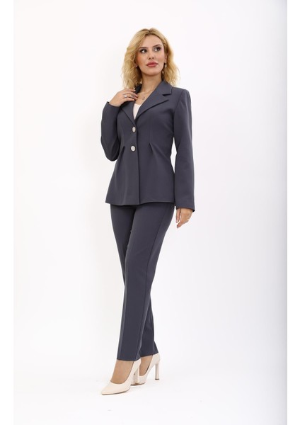 Erkek Yaka Önleri Pileli Ceket & Dar Paça Pantolon Takım-Füme