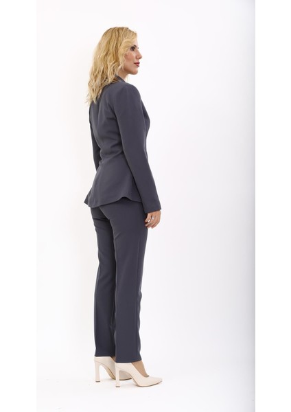 Erkek Yaka Önleri Pileli Ceket & Dar Paça Pantolon Takım-Füme fırsatları