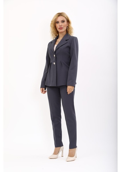 Erkek Yaka Önleri Pileli Ceket & Dar Paça Pantolon Takım-Füme indirimleri