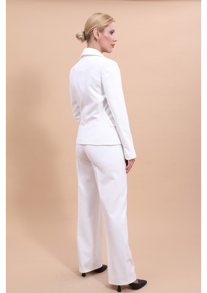 Yakalı Tek Düğmeli Ceket & Bol Paça Pantolon Takım-Beyaz modelleri