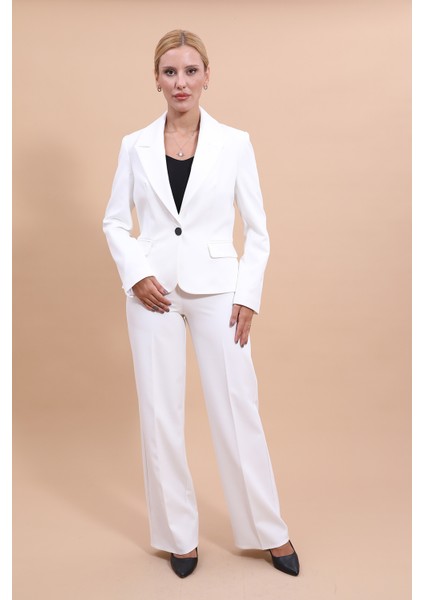 Yakalı Tek Düğmeli Ceket & Bol Paça Pantolon Takım-Beyaz indirimleri