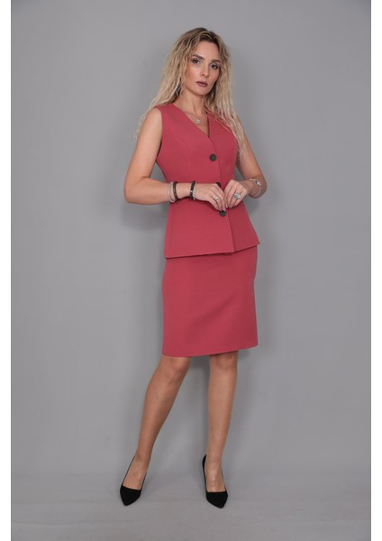 Uzun Klasik Yelek & Kalem Etek Takım-Kiremit indirimleri