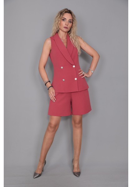 Abiye Yelek & Tokalı Etek Şort-Kiremit