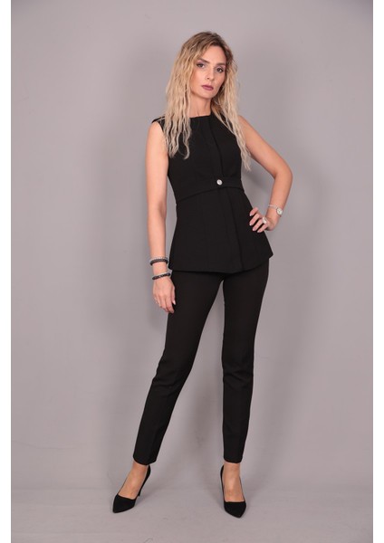 Sıfır Yaka Kemerli Yelek & Dar Paça Pantolon-Siyah