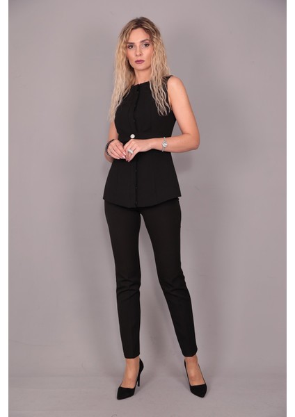 Sıfır Yaka Kemerli Yelek & Dar Paça Pantolon-Siyah fırsatları
