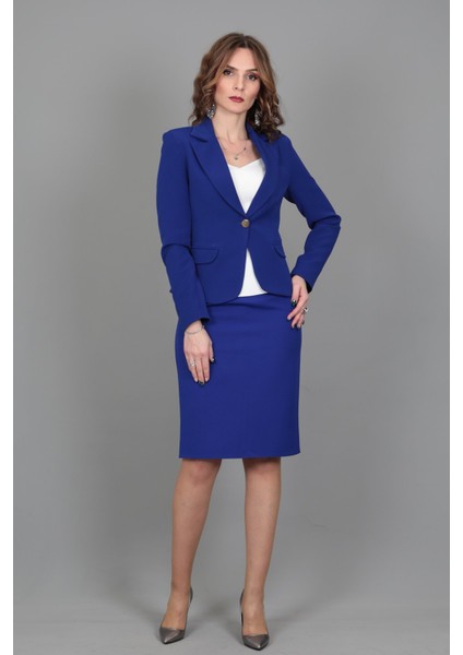 Yakalı Tek Düğmeli Ceket & Kalem Etek Takım-Saks