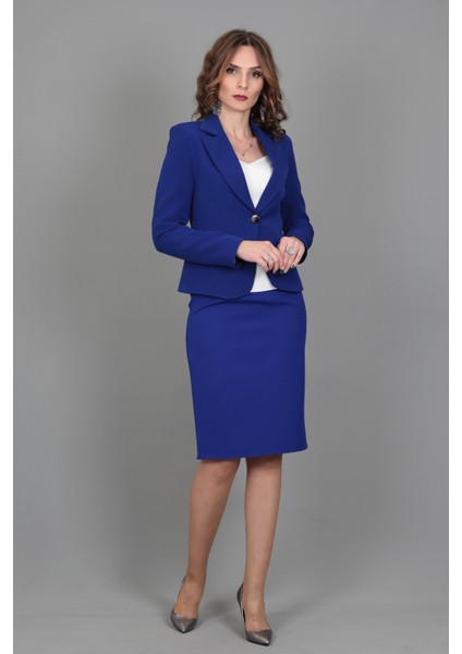 Yakalı Tek Düğmeli Ceket & Kalem Etek Takım-Saks modelleri