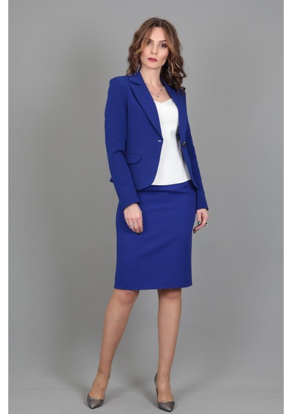 Yakalı Tek Düğmeli Ceket & Kalem Etek Takım-Saks fırsatları