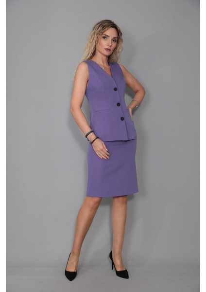 Uzun Klasik Yelek & Kalem Etek Takım-Lila indirimleri