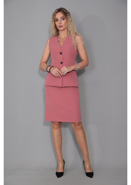 Uzun Klasik Yelek & Kalem Etek Takım-Gül Kurusu