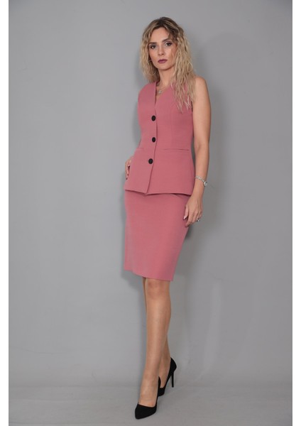 Uzun Klasik Yelek & Kalem Etek Takım-Gül Kurusu indirimleri