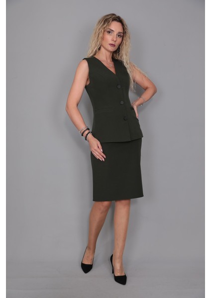 Uzun Klasik Yelek & Kalem Etek Takım-Haki