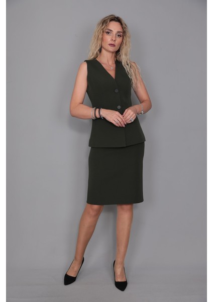 Uzun Klasik Yelek & Kalem Etek Takım-Haki fiyatları