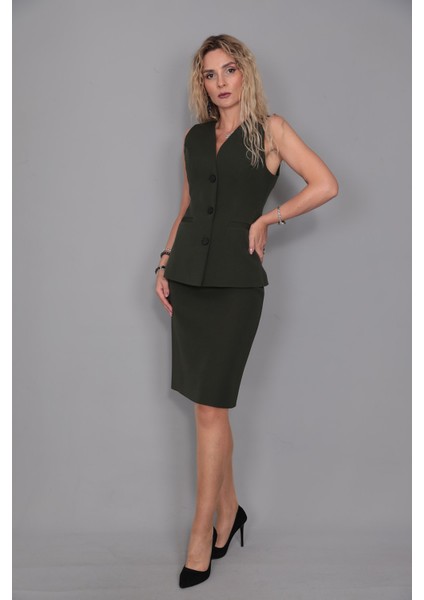 Uzun Klasik Yelek & Kalem Etek Takım-Haki modelleri