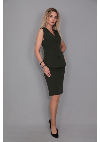 Uzun Klasik Yelek & Kalem Etek Takım-Haki fırsatları