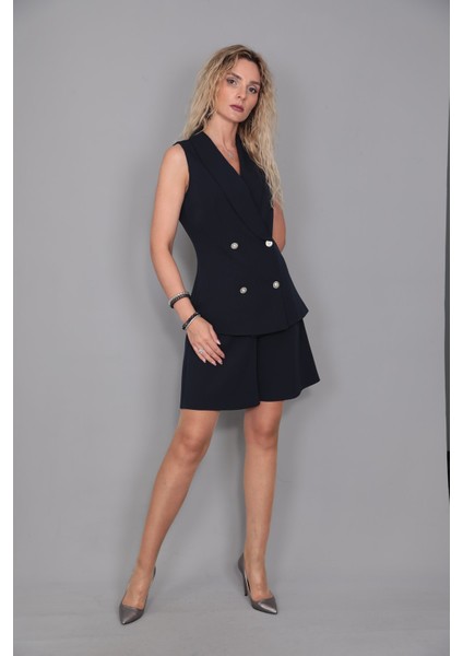 Abiye Yelek & Tokalı Etek Şort-Lacivert