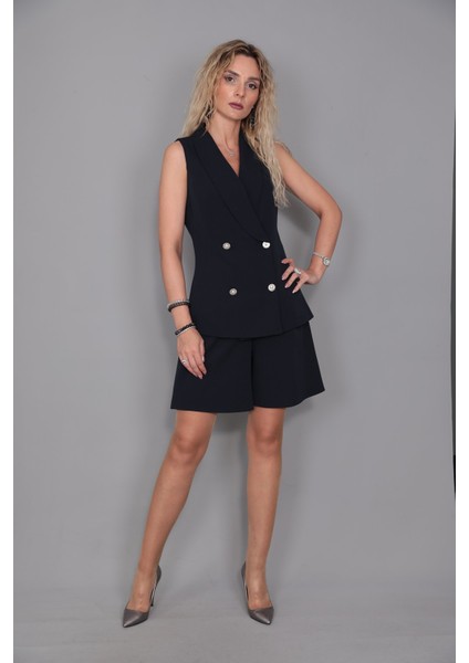 Abiye Yelek & Tokalı Etek Şort-Lacivert modelleri