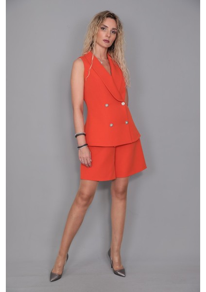 Abiye Yelek & Tokalı Etek Şort-Turuncu