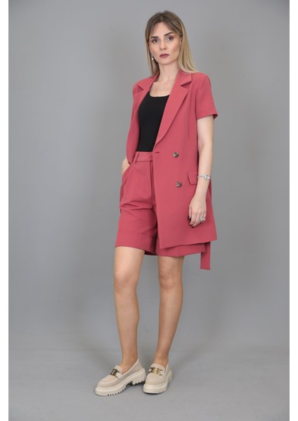 Kuşaklı Kısa Kollu Ceket & Duble Paça Şort-Kiremit