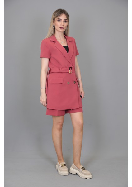 Kuşaklı Kısa Kollu Ceket & Duble Paça Şort-Kiremit modelleri
