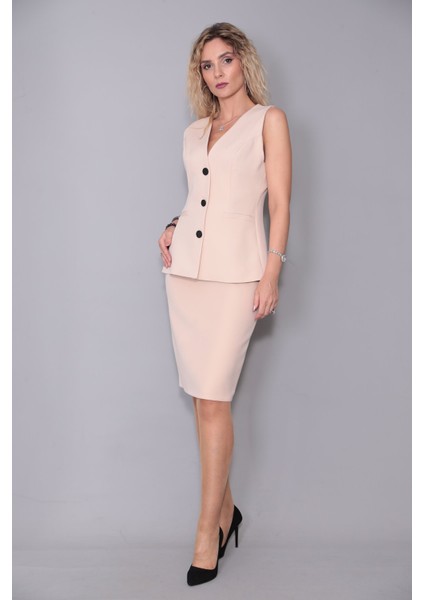 Uzun Klasik Yelek & Kalem Etek Takım-Vizon modelleri