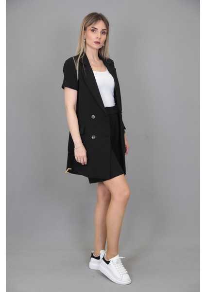 Kuşaklı Kısa Kollu Ceket & Duble Paça Şort-Siyah
