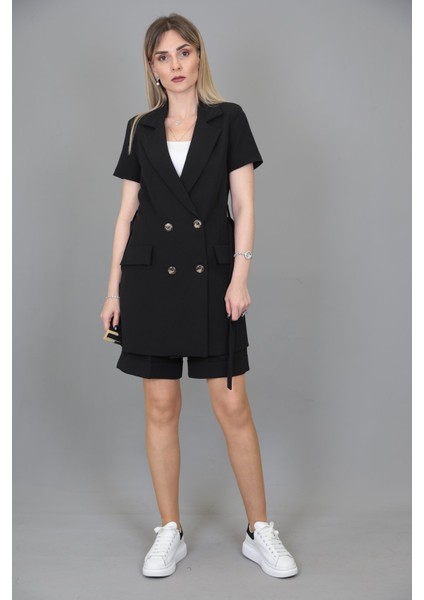 Kuşaklı Kısa Kollu Ceket & Duble Paça Şort-Siyah modelleri