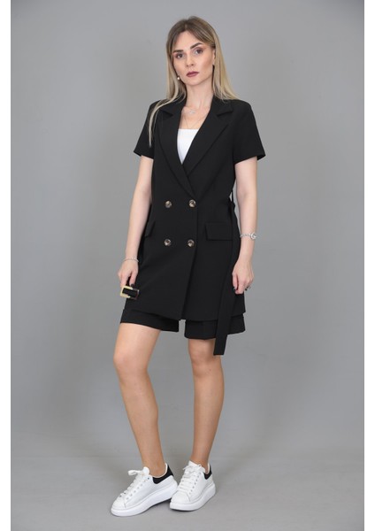 Kuşaklı Kısa Kollu Ceket & Duble Paça Şort-Siyah fırsatları