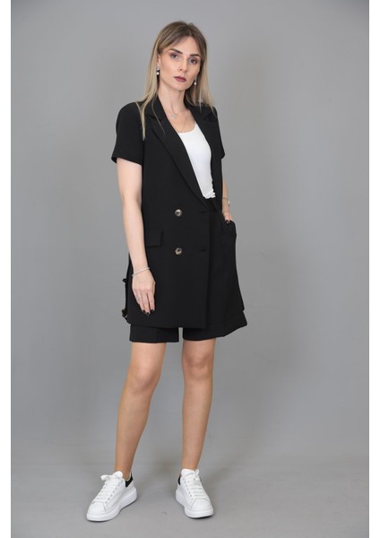 Kuşaklı Kısa Kollu Ceket & Duble Paça Şort-Siyah indirimleri