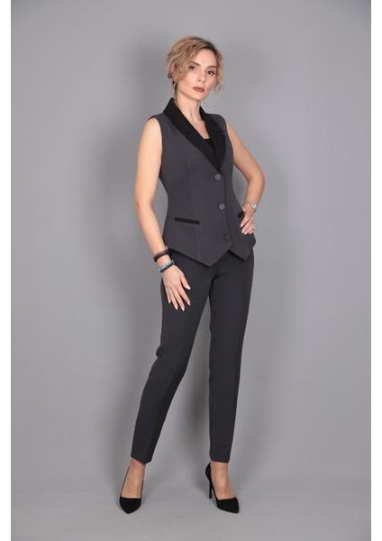 Garnili Yelek & Ön Patlı Klasik Pantolon Takım-Füme