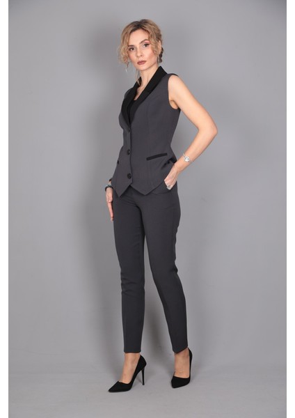 Garnili Yelek & Ön Patlı Klasik Pantolon Takım-Füme fiyatları