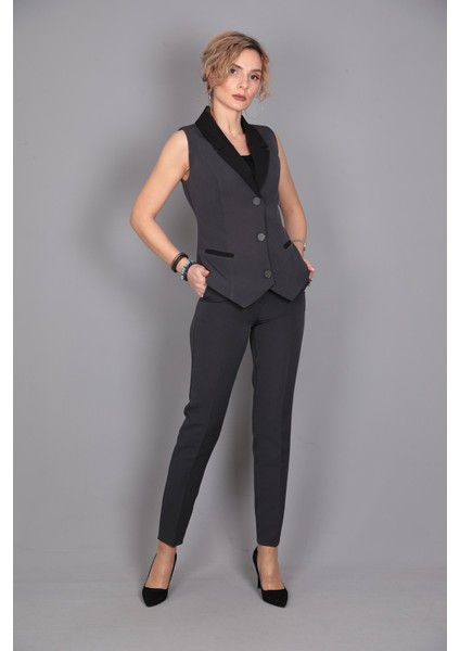 Garnili Yelek & Ön Patlı Klasik Pantolon Takım-Füme modelleri