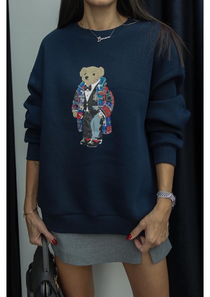 Lacivert Papyonlu Teddy Baskılı Sweatshirt