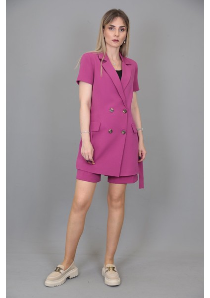 Kuşaklı Kısa Kollu Ceket & Duble Paça Şort-Fuşya