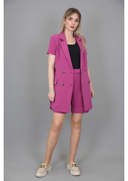 Kuşaklı Kısa Kollu Ceket & Duble Paça Şort-Fuşya indirimleri