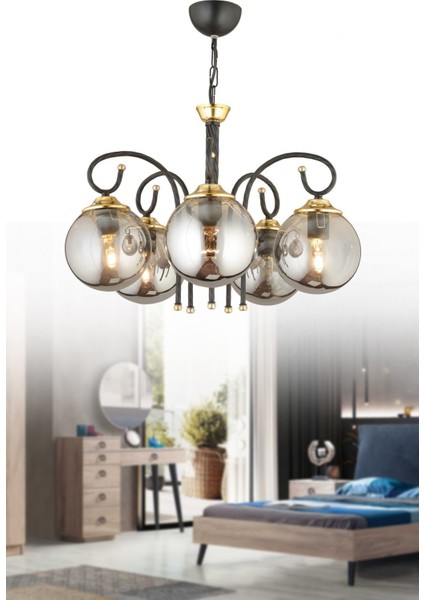 Siyah Kule 5'li Füme Glop Camlı Aşağı Bakan Lüks Avize