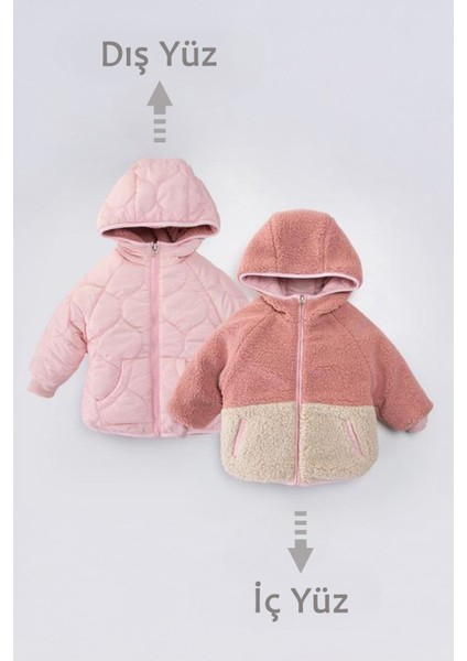 (6-10 Yaş) Çift Taraflı Kapitone Peluş Kaban kız çocuk - Açık Pembe