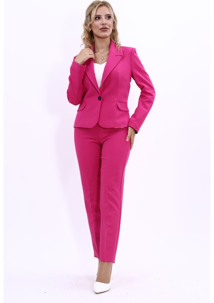 Erkek Yaka Tek Düğmeli Klasik Ceket & Dar Paça Pantolon-Fuşya