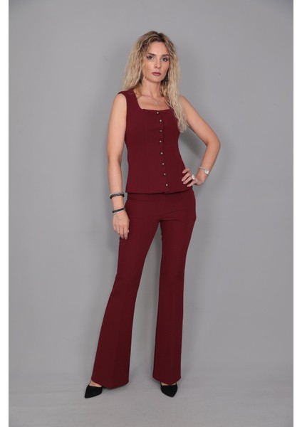 Kare Yaka Kuplu Yelek & İspanyol Paça Pantolon-Bordo