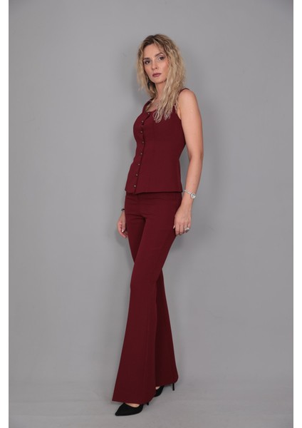 Kare Yaka Kuplu Yelek & İspanyol Paça Pantolon-Bordo fırsatları