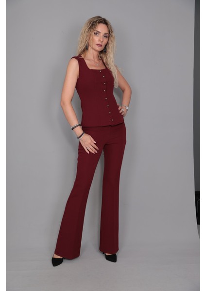 Kare Yaka Kuplu Yelek & İspanyol Paça Pantolon-Bordo indirimleri