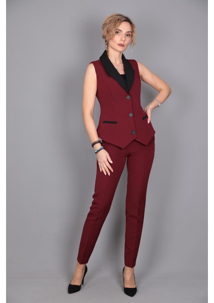 Garnili Yelek & Ön Patlı Klasik Pantolon Takım-Bordo