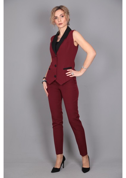 Garnili Yelek & Ön Patlı Klasik Pantolon Takım-Bordo fiyatları